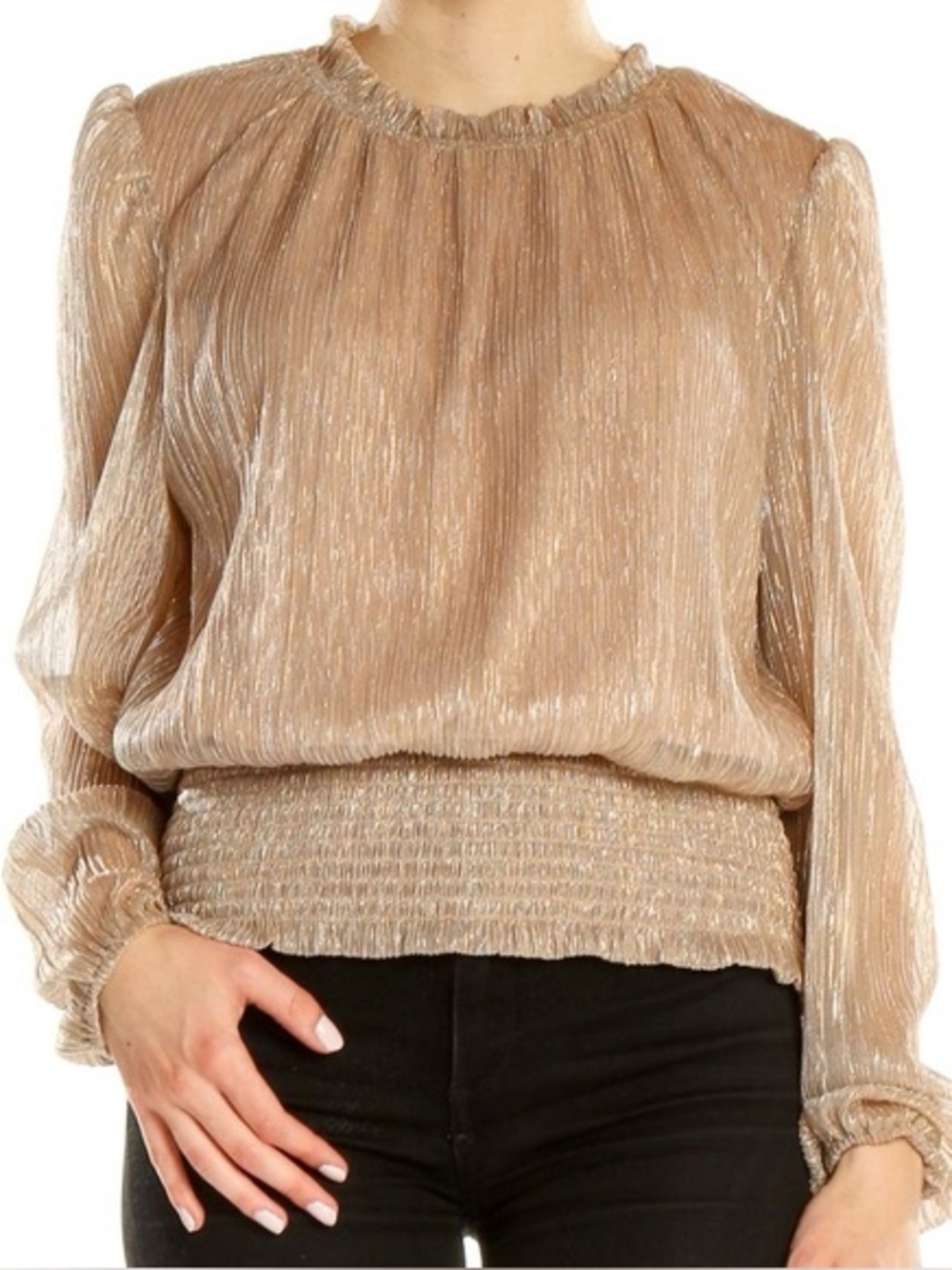 Joie Gold Metallic Pleated Smocked Blouse Sheer Shimmer Long Sleeve Top Medium